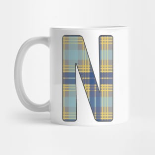 Monogram Letter N, Blue, Yellow and Grey Scottish Tartan Style Typography Design Mug